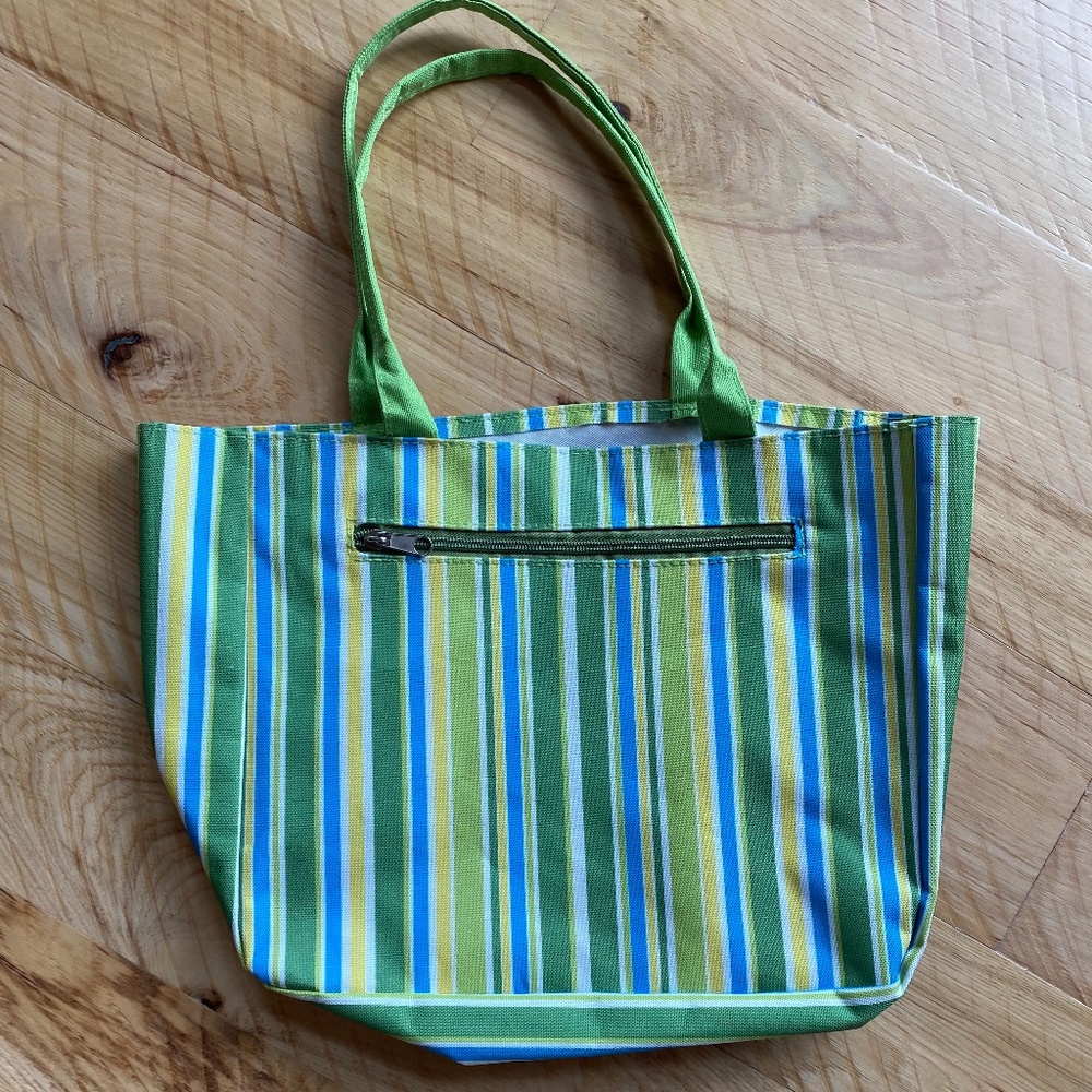 Blue green yellow white striped beach tote